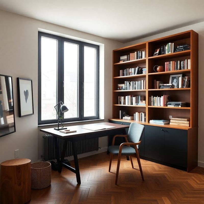 A small Montréal writing studio with desk, bookshelves in slate and warm wood tones, and natural light