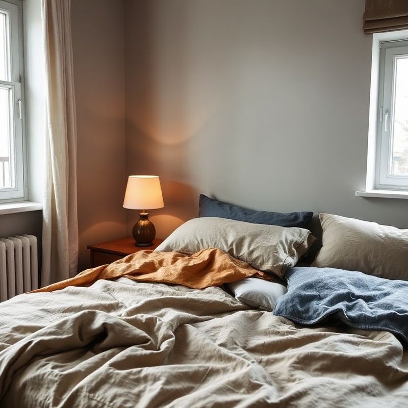 A quietly styled Montréal bedroom with linen bedding in warm and slate tones and a single bedside lamp