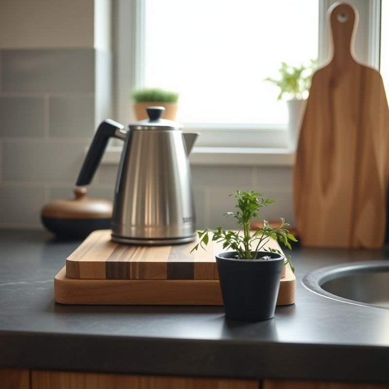 A clean kitchen counter zone with a kettle, cutting board and single herb pot in slate-professional tones