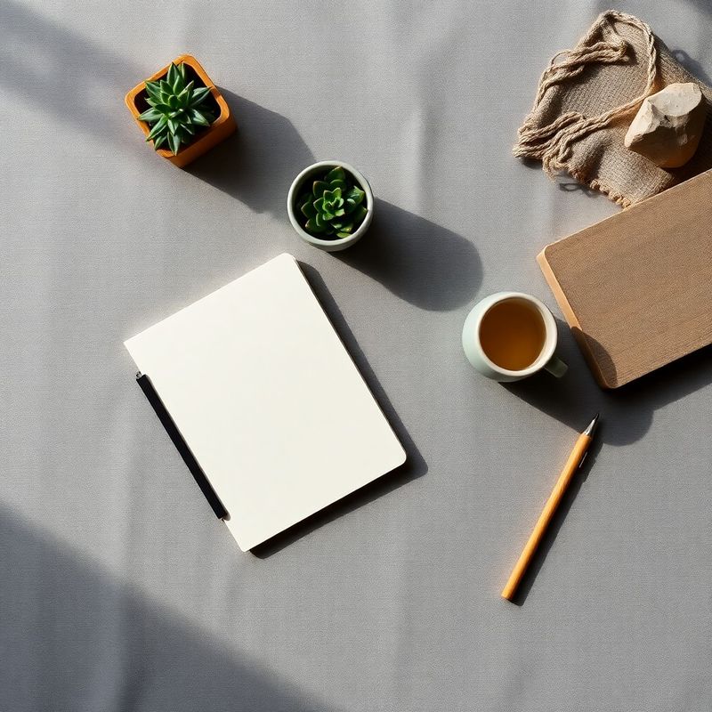 Flat-lay of a notebook, small plant and ceramic cup on a slate-grey linen surface