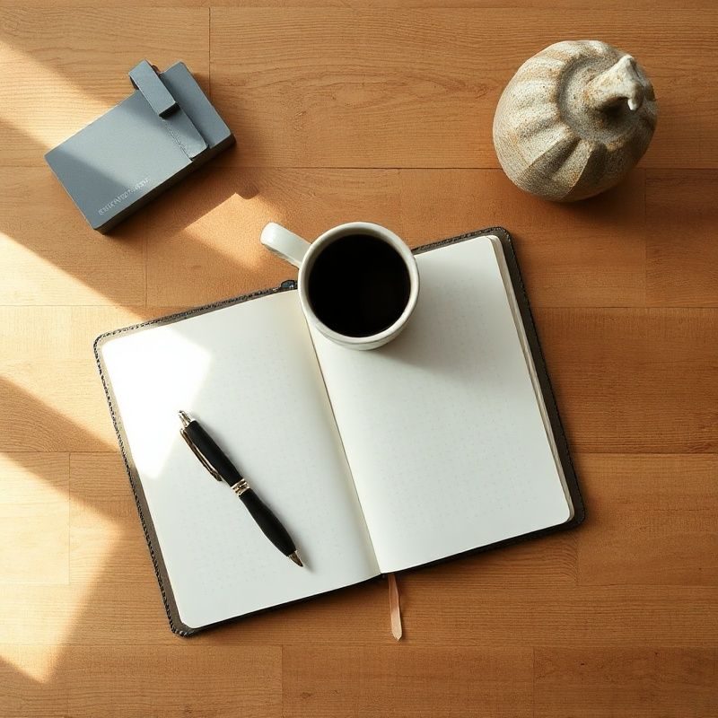 Overhead of a calm desk with pen, open notebook and ceramic mug in slate-professional tones