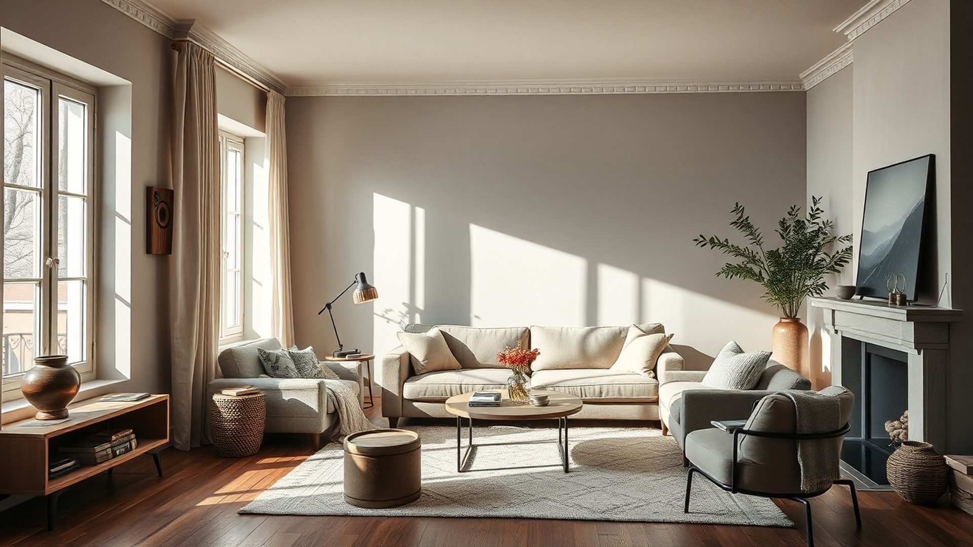 A calm, considered Montréal living room in slate and warm linen tones with northern natural light